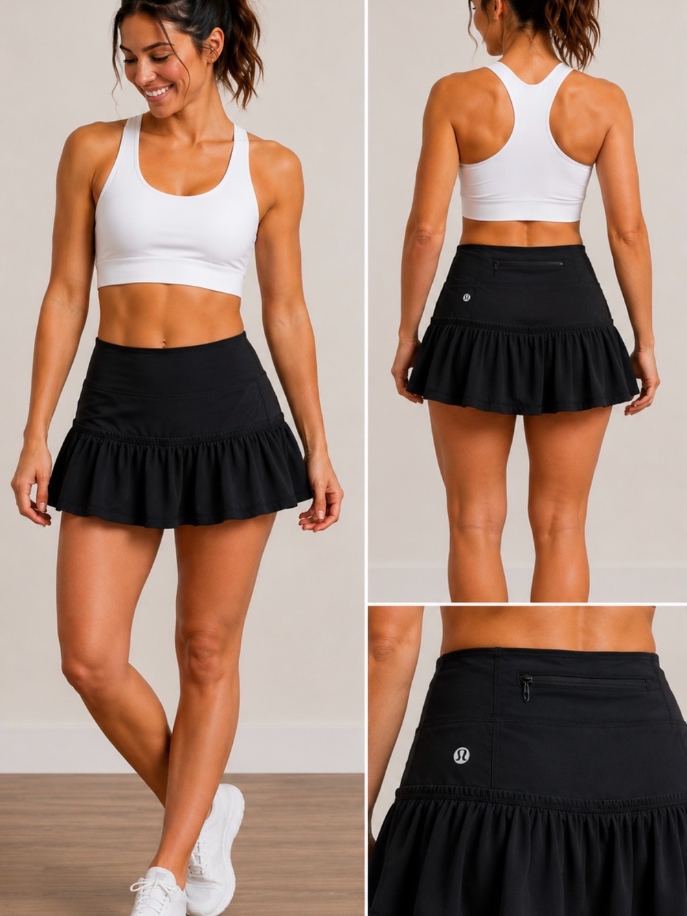Lululemon Black Ruffle Running Tennis Skirt Skort Zip Pocket Size 6